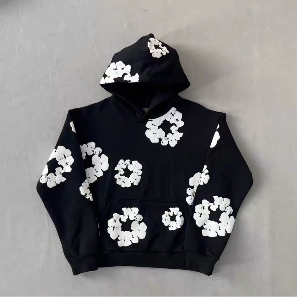 Black and white denim tear hoodie